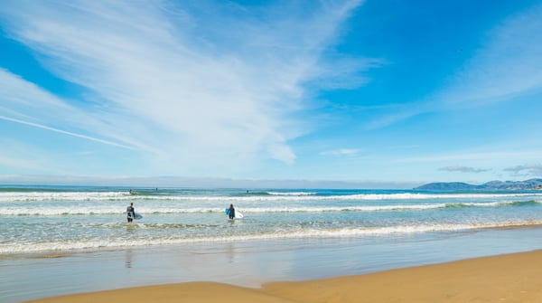 Surfers at Avila Beach, California
