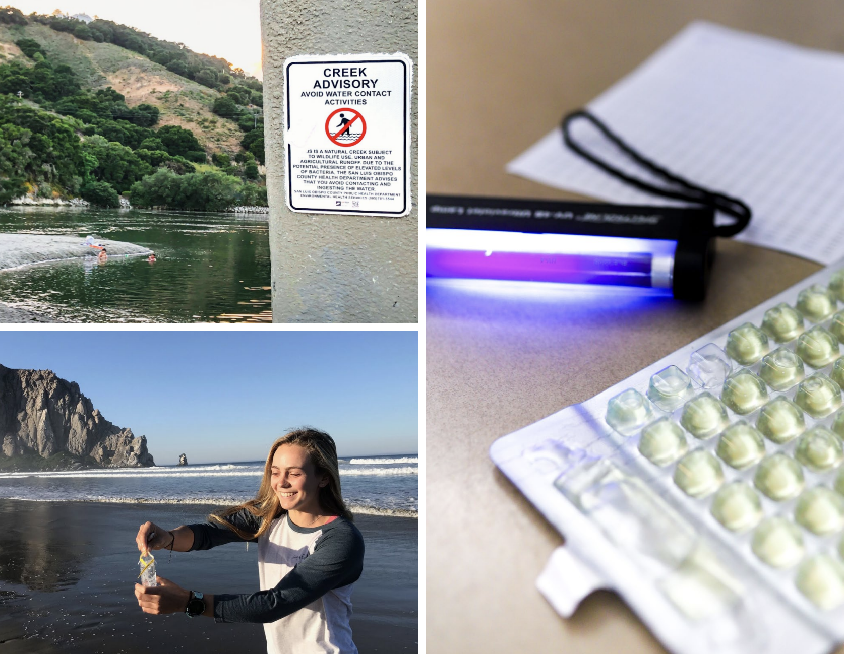 Top Left: Children play in the San Luis Creek despite warning sign. Bottom Left: A water sample is collected from the surf near Morro Rock. Right: UV light is used to read test results in the lab.